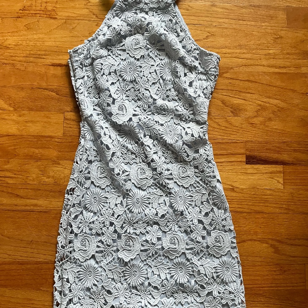 Lulu's Floral Lace Backless Dress in Light Blue